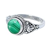 aus echtem grünem Malachit, handgefertigter Edelsteinring für Frauen Mädchen, Liebesgeschenk zum Geburtstag für sie, 925er Sterlingsilberring, Solitär-Boho-Ring, Malachitring mit Rundschliff, Größe 8