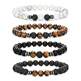 Lucktao 4 Stück Perlenarmband Herren, Stretch Armband Mit Schwarzen 8mm Lavastein Onyx Perlen-Naturstein-Tigerauge, Verstellbares Men Bracelet