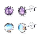 Finrezio 2 Paar 925 Sterling Silber Mondstein Ohrstecker Natürliche Runde Edelsteine Ohrringe für Damen Onyx Labradorit Amethyst grün Peridot Ohrstecker Hypoallergen 4MM Halo Ohrringe Set