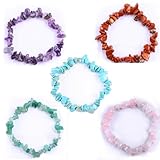 KARLOR 5 Stück Kristall Armband Naturstein Armbänder elastisch Armband Damen Kristall Kies lila rosa grün rot Türkis unregelmäßige bunte Splitterarmband Freundschaftsarmband Geschenk