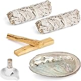 2 Weißer Salbei und 2 Palo Santo Premium Kalifornischer, Abalone-Muschel, 100% kontrollierte und nachhaltige Ernte, Räucherset Beseitigt Negative Energien, für energetische Rituale