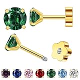 Kleine Gold Stud Flat Back Ohrringe für Frauen Mädchen, 14K Gold plattiert Cubic Zirkonia Schraube Zurück Tiny Ohrringe, Hypoallergen Flatback Zierlichen Knorpel Ohrring (Grüner Smaragd)