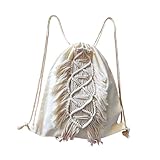 kiido Rucksack mit Kordelzug, Bohemian-Stil, mit Quaste und Makramee-Fransen, Segeltuch, Strandsport, Tagesrucksack, Beige, 13x17 Inch, Tagesrucksäcke