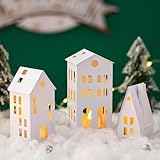 Romadedi Lichthaus Metall Windlicht für Weihnachtsdeko: Mini Haus mit LED Teelicht Kerzenhalter Weiß - für Deko Wohnzimmer Weihnachten Teelichthaus Häuser für Room Decor Fensterdeko Geschenke, 3er Set