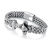 PiercingJak Wikinger Armband Herren Armkette mit Thors Hammer Mjölnir Anhänger 12mm Breit Edelstahl Cuban Link Armreif Magnet Kettenarmband Vintage Nordisch Keltischer Biker Schmuck für Männer, 22cm