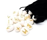 Edelstein Runen Set Elder Futhark Heilstein Weisser Achat Friedensachat 25 Steine ca. 25 mm im Samtbeutel | Mythologie Wikinger Esoterik Meditation Magie (Weisser Achat | Friedensachat goldene Gravur)
