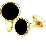 HONEY BEAR Herren Weiß Perle Schale Stein/Schwarz Achat Onyx Manschettenknöpfe Cufflinks Edelstahl Manschettenknopf für Hemd, Hochzeit Geschäft Geschenk (Gold + Schwarzer Onyx)