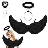 BINXWA Engelsflügel schwarz, schwarze flügel Größe 70cm mit heiligenschein und zauberstab schwarzer engel kostüm damen,halloween kostüm frauen Halloween Party Karneval Cosplay Erwachsenes Kinder