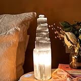 Landster Selenit Lampe 20 cm – Großer Selenit Turm, Kristall Tischlampe & Nachttischlampe – Edelstein Lampe zur Reinigung, Meditation & Dekoration – Natürliches Home Decor