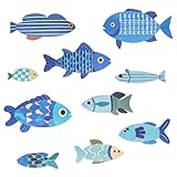 OT-NVWOZR 10 Stück Hölzerne Fisch Wanddekoration, Vintage Badezimmer Wandkunst Ornamente, Hängende Küste Nautischen Strand Dekoration, Holz Fisch Wandskulptur für Balkon Dekor