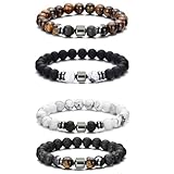 TREABEAR 4Pcs Chakra Armband Herren mit Schmuck Geschenkbox， Heilsteine Armband, Turmalin Armband, Tigerauge Armband, Lavasteine Perlen Armbänder, Armband Männer, Chakra Armband Echte Steine