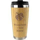 Wikinger Kaffeebecher mit Gravur - personalisiert mit Name, Spruch, Motiv, Runen Schrift möglich, To-Go Becher 0,4L im Viking Stil, Bambus und Edelstahl, Männer + Frauen Geschenk