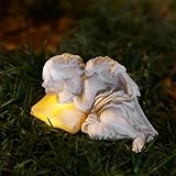 Tuzsocr Solar Engel Gartenstatuen,Schlafende Schutzengel-Figur,Engelfigur mit LED Solarleuchten,Wetterfeste kleine Engel-Skulptur für Grab/Friedhof,Frostsicher Außendeko für Rasen,Hof,Terrasse,Balkone