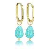 *Ohrringe aus Gold mit blauem Howlite-Edelstein - 30 mm lang- Ohrringe mit Edelsteinen - Mehrere Farben und GröBe - Echter Edelstein - Bleibt Schön und Kein Irritation
