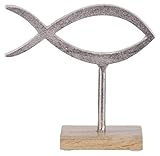 Brandsseller Deko-Aufsteller Fisch ca. 18 x 16,5 x 5 cm auf Mangoholz-Sockel/Aluminium-Holz