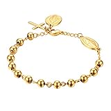 JewelryWe Rosenkranz Kreuz Armband Perlenarmband: Gold Edelstahl Jungfrau Maria Katholischen Heiligen Gottes Mutter Kreuz Anhänger Perlen Kugelkette Armreif Armkette Religiöse Schmuck Damen Herren