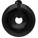 Lebensquelle Plus Edelstein Donut Ø 40 mm + Baumwollband + Edelsteinkarte | Naturstein Anhänger Halskette | Echte Heilsteinkette inkl. Band (Turmalin, schwarz (Schörl))