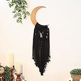 Makramee Mond Boho Wandbehang, Schwarzer Böhmischer Holz Ornament mit Langer Quaste, Handgemachte Einzigartige Mondphasen Holzkunst Heimdeko für Schlafzimmer Kinderzimmer Wohnzimmer