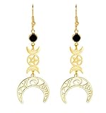 Dreifacher Mond Göttinnen-Ohrringe Für Frauen Mädchen Stahl Keltischer Knoten Mond Rune Schwarz Kristall Amulett Ohrhänger Wicca Schmuck (Gold)
