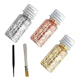 3 Stück Blatt Gold Flocken,Blattgold Zum Basteln,Goldfolie Papier,Dekoratives Dekorfolie,Blattgold Imitation Deko,Multifunktions Blattgoldblätter,Mit Clip Und Bürste,für Handwerk Nägel Küche Backen
