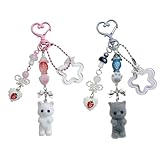 LunarCharm 2 Stück Fuzzy Katzen Schlüsselanhänger - Süßer Rosa Pärchen-Schlüsselanhänger, Y2K Stylische Accessoires