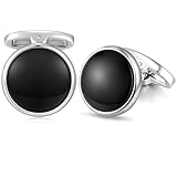 HONEY BEAR Herren Perle Schale Stein/Achat Onyx Manschettenknöpfe Cufflinks Manschettenknopf für Hemd, Hochzeit Geschäft Geschenk (Schwarz Onyx)