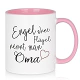 Livole Oma Geschenke Weihnachten Tasse, Lustig Geburtstag Geschenke für Großmutter von Enkel Enkelin, Beidseitig Bedruckt Tasse mit Spruch Engel ohne Flügel nennt man Oma, 11oz, 325ml Kaffeetasse Rosa