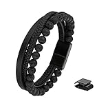 Flongo Herren Lederarmband mit Naturstein Perlen Geflochten Premium Leder Braid Buddhistisch Armband Manschette Armreif Lava Stein Kugel kette Magnet Verschluss für Männer Vatertagsgeschenk Schwarz