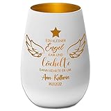 Sternenkind Trauerlicht - EIN Kleiner Engel kam und lächelte - weiß/Gold - Gedenklicht Teelichtglas personalisierbar Erinnerung Trauergeschenk mit Name und Datum