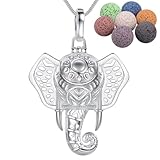 INFUSEU Aromatherapie Aroma Diffuser Kette, Glückselefant Versilbert Frauen Duftstein Halskette Klassischen Anhänger Stimmungskette Lavastein Diffuser Frauen Schmuck 61cm Lange Schlangenkette