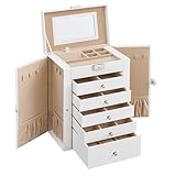 SONGMICS Schmuckkasten, große Schmuckschatulle mit 6 Ebenen, Schmuckkästchen mit seitlichen Klapptüren, Schubladen, Spiegel und Verschluss, für Ringe, Ohrringe, weiß JBC152W01