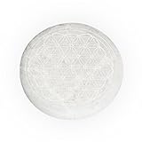 NKlaus Selenit Platte 12 cm – Handgefertigte Heilstein-Ladeplatte mit Blume des Lebens Gravur, poliert & energetisierend, ideal für Reiki, Meditation & Deko