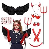 Wryzorix Halloween Kostüm Teufel Damen, Engel Flügel Schwarz, Teufelshörner Rot, Teufelsgabel, Halloween Tattoo Gesicht, Brille, Handschuhe, Teufelsschwanz Schwarzer Engel karneval Kostüm Damen