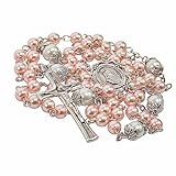 Nazareth Store Perlen-Rosenkranz, weiße Vaterunser-Perlen-Halskette, Lourdes-Medaille und Kreuz, Kruzifix, spirituelle Hingabe (Rosa)