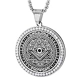 COOLSTEELANDBEYOND Kreis Anhänger Allsehendes auge Gottes von Innerhalb Dreieck Pyramide, Silber Schwarz mit Zirkonia, Herren Halskette