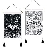 Yugarlibi 2er Kleine Wandteppiche Wandbehang Mond und Sonne Schmetterling Motte Tarot Wandtuch mit Quasten Mysterious Garden Blumen Wandteppich für Schlafzimmer Wohnzimmer Schwarz und Weiß 35x50 cm