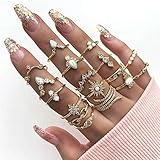 Wedity Boho Crystal Knuckle Flower Ring Set Stapelbarer Fingergelenkring aus Gold für Frauen und Mädchen (17 Stück)