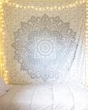 raajsee Indisch Wandteppich Mandala Weißsilber, Boho WandDeko, Aesthetic Room Décor, Wandtuch Mandala, Wandbehang Psychedelic 208X210 CM