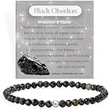 Schwarzer Obsidian - Schutz & Klarheit - Edelstein Perlen Armband für Frauen, 4mm Kristall Silber 925 Naturstein Schmuck Elastisch Armbänder Damen, Chakra Spirituelle Charms Armbänder Geschenke
