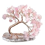 KYEYGWO Rosenquarz Heilung Edelstein Baum mit Achat Scheiben Base, Kristall Geldbaum Feng Shui Bonsai Baum Figuren Ornament, Kristallbaum Haus Decor für Glück und Gesundheit, 7,6-10,2 cm Hoch