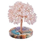 KYEYGWO Rosenquarz Heilung Edelstein Baum auf Achat Scheiben Harz Base, Kristall Geldbaum Feng Shui Bonsai Baum Ornament Stein Figuren für Haus Deko, Glück, Reichtum