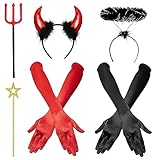 iZoeL Teufel Haarreifen Teufelshörner Teufelsohren +Schwarz Heiligenschein Handschuhe Heugabel Zauberstab Teufel Kostüm Accessorie,Damen Mädchen Halloween Karneval Fasching kostüm