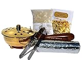 Räucherpfanne Set 5 teilig Räuchergefäß zum Räuchern von Weihrauch, Harzen, inkl. Weihrauch, Räucherkohle, Räuchersand, Räucherzange (Gold/Messing)