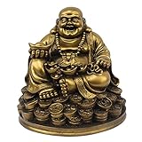 Petrichor Feng Shui lachender Buddha, der auf glücklichen Geldmünzen trägt Goldbarren für gutes Glück u. Glück sitzt (5 Zoll)