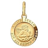 CLEVER SCHMUCK Goldener Mini Engel Anhänger Ø 10 mm Schutzengel Gottes Segen auf all deinen Wegen 333 Gold 8 Karat für Kinder Damen im Schmucketui