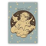 1 Vintage Retro Weihnachtskarte mit kleinem Engel und Stern: Joyeux Noel - Frohe Weihnachtsgrüße mit schönem Motiv zu Weihnachten, Klassische Klappkarte