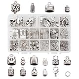 120 Stück/Box, 14 Stile, tibetisches Silber, zum Einkleben, Endkappen, Säulen-Endkappen mit Biegeringe und Karabinerverschluss für Lederhalsketten, Armbänder, Kordelendkappen