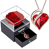 Ewige Rose Box,Infinity Rosen mit Rubin Kette,Konservierte Rote Echte Rose Geschenk,925 Sterling Silber Damen Kristall Herz Halskette,Frauen Anhänger Geschenk am Valentinstag,Weihnacht,Muttertag