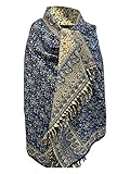 TIBET Winterschal mit Blumenmuster, reine Yakwolle, Schal, Dekoration, Wolldecke, Unisex, übergroß, doppelseitig, luxuriös, Einheitsgröße, blau, One size