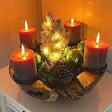 Homecall Adventskranz Modern Kerzenhalter Adventskranz Holz Mit 4 Kerzenpicks Adventsgesteck Schlüsselschale Adventskranz Teelichter Holzschale Ø 30cm - 35cm Teakschale (Ohne Kerzen und Dekorationen)